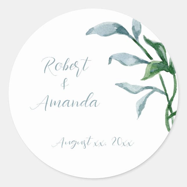 Sticker Rond Aquarelle bleu vert Feuille Mariage (Devant)