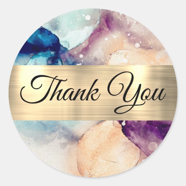 Sticker Rond Aquarelle bleu violet et Merci d'huile or (Devant)