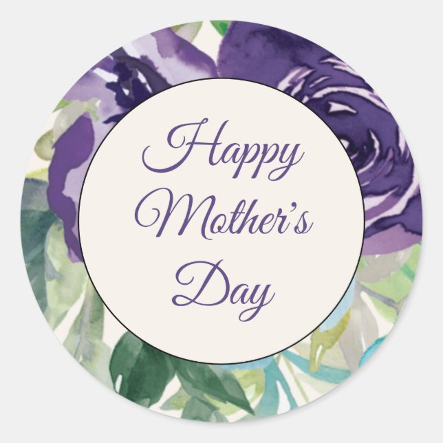 Sticker Rond Aquarelle bleu violet Floral Joyeuse fête des mère (Devant)