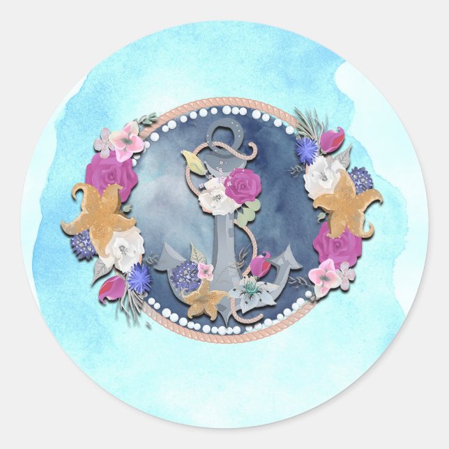Sticker Rond Aquarelle bleue Ancre florale marine moderne (Devant)