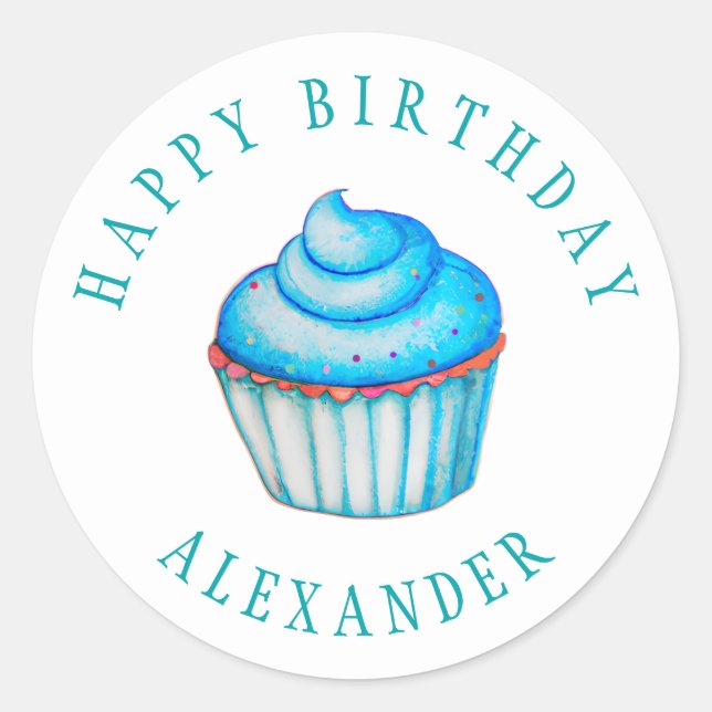 Sticker Rond Aquarelle bleue bleu Anniversaire Nom personnalisé (Devant)