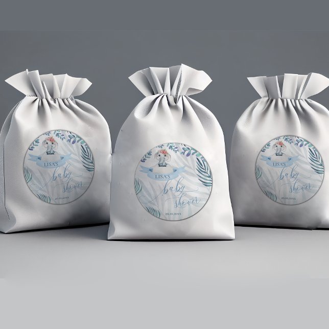 Sticker Rond Aquarelle Bleue Cute Vert Baby shower Eléphant (Cute Blue Watercolor Greenery Elephant Baby Shower Classic Round Sticker)