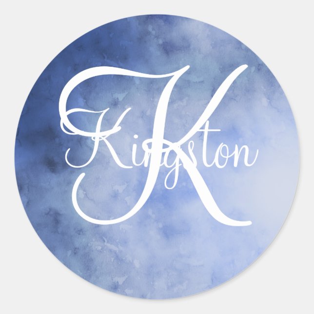Sticker Rond Aquarelle bleue et blanche monogrammée (Devant)