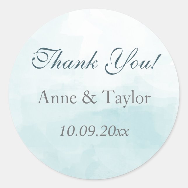 Sticker Rond Aquarelle bleue, Faveurs de mariage, Merci (Devant)