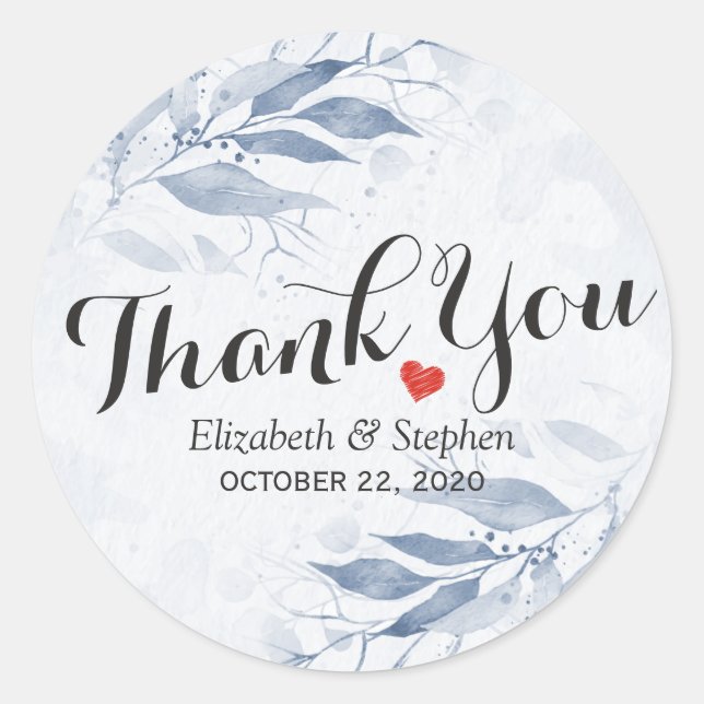 Sticker Rond Aquarelle bleue Feuille Mariage botanique Merci (Devant)