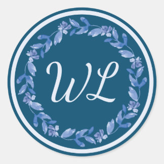 Sticker Rond Aquarelle bleue Fleur couronne Monogramme