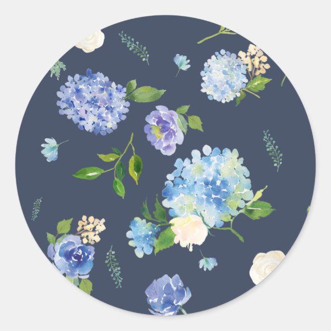 Sticker Rond Aquarelle bleue Hydrangea et Rose motif floral (Devant)