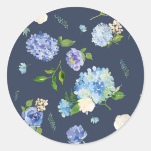 Sticker Rond Aquarelle bleue Hydrangea et Rose motif floral