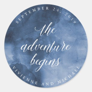 Sticker Rond Aquarelle bleue   L'aventure commence Mariage