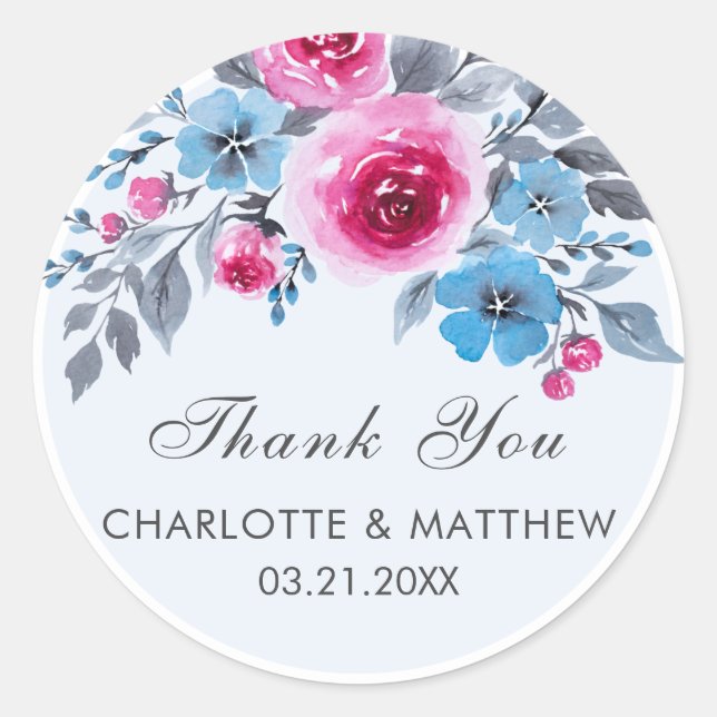 Sticker Rond Aquarelle bleue Merci Mariage Floral (Devant)