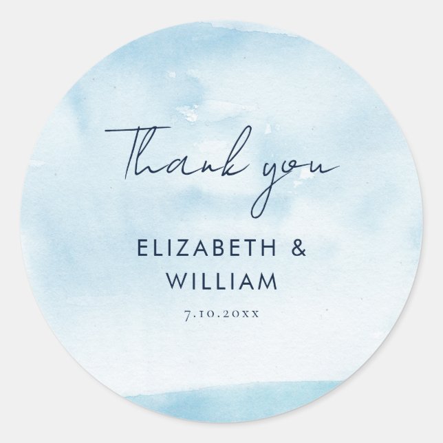 Sticker Rond Aquarelle bleue Script Merci mariage Faveur (Devant)