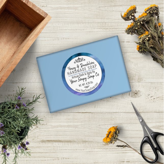 Sticker Rond Aquarelle bleue Soap artisanal Typographie moderne (Créateur téléchargé)