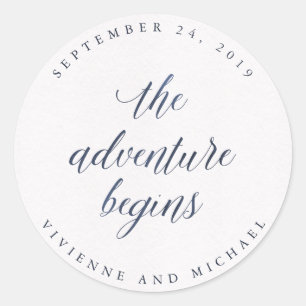 Sticker Rond Aquarelle bleue Texte L'aventure commence Mariage
