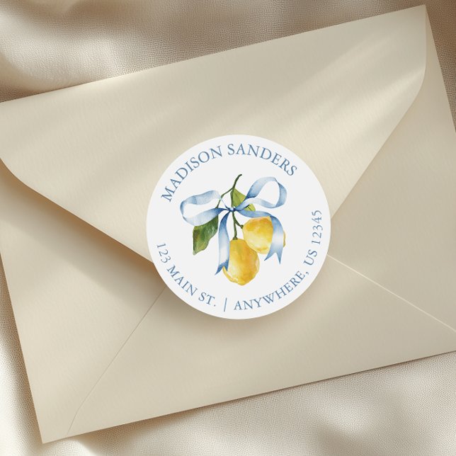 Sticker Rond Aquarelle Blue Bow Lemons Adresse (Créateur téléchargé)