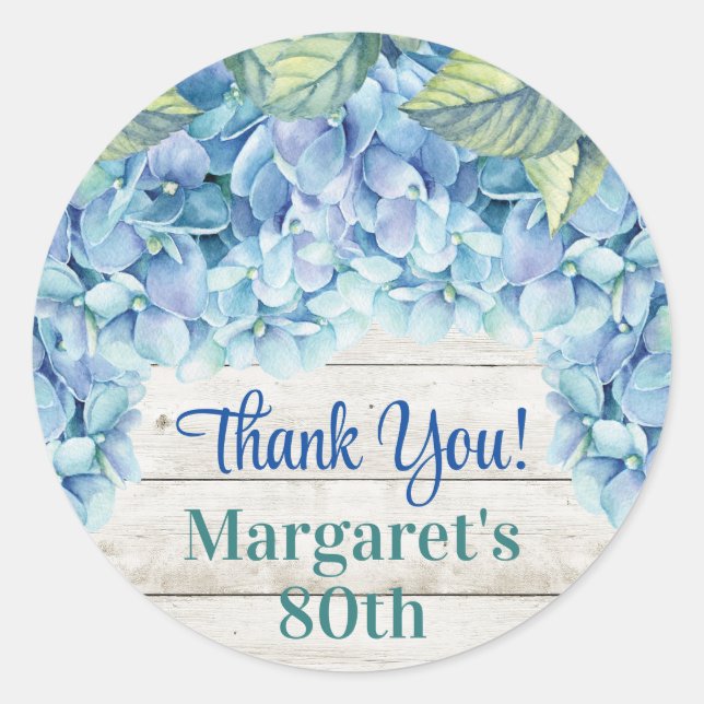 Sticker Rond Aquarelle Blue Hydrangea 80e anniversaire (Devant)