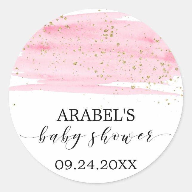 Sticker Rond Aquarelle Blush & Gold Sparkle Baby shower Favoris (Devant)