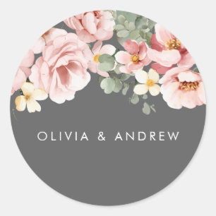 Sticker Rond Aquarelle Blush & Grey Floral Mariage