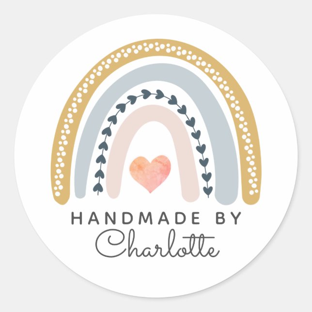 Sticker Rond Aquarelle Bohème Arc-en-Ciel et Cœur Rose Fait Mai (Devant)