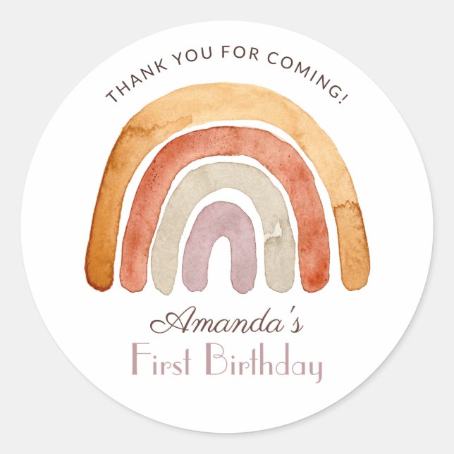 Sticker Rond Aquarelle Boho Arc-en-ciel Premier anniversaire (Devant)