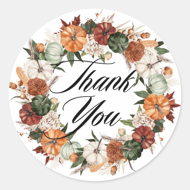 Sticker Rond Aquarelle Boho Citrouilles Wreath Merci d'automne (Devant)