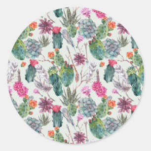 Sticker Rond Aquarelle Boho exotique Cactus et Motif succulent