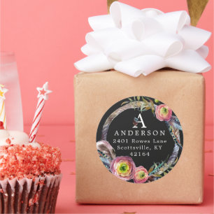 Sticker Rond Aquarelle Boho Feather Wath Monogramme Adresse