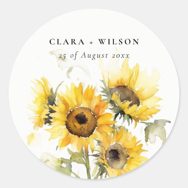 Sticker Rond Aquarelle Boho minimale Tournesol Mariage rustique (Devant)