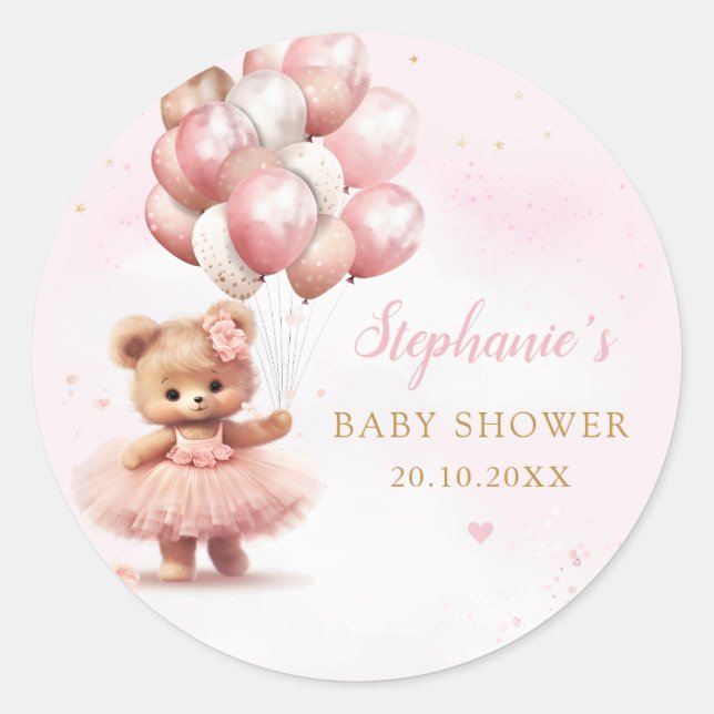 Sticker Rond Aquarelle Boho rose Teddy Bear Baby shower fille (Devant)