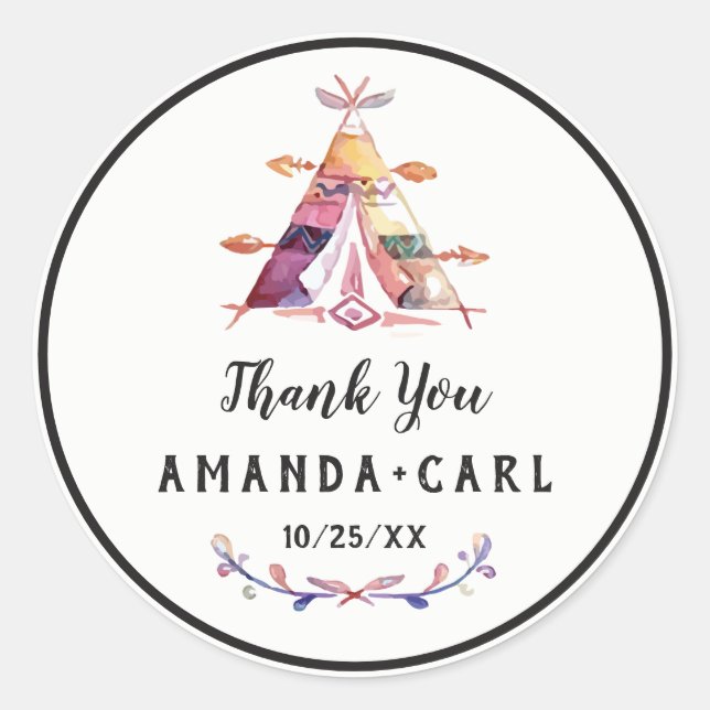 Sticker Rond Aquarelle Boho Tipi Tente Mariage Merci (Devant)