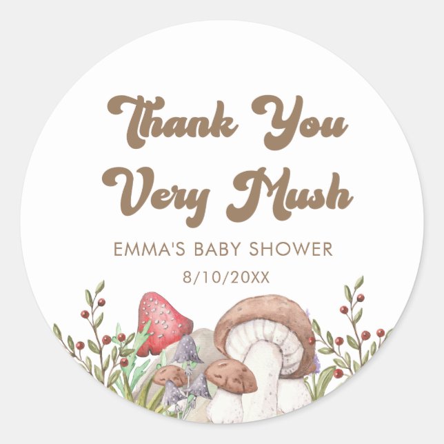 Sticker Rond Aquarelle Bois Champignons Baby shower Faveurs (Devant)