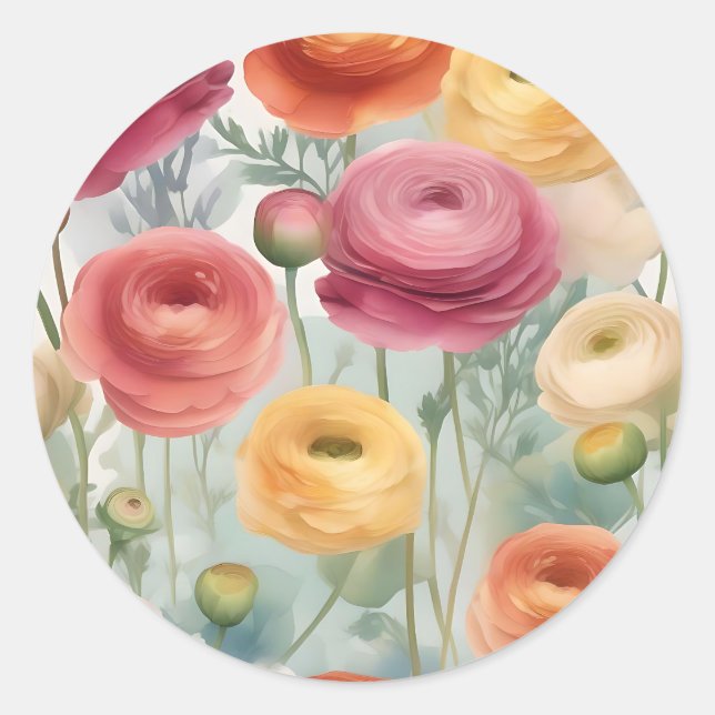 Sticker Rond Aquarelle Botanique Ranunculus Motif Floral (Devant)