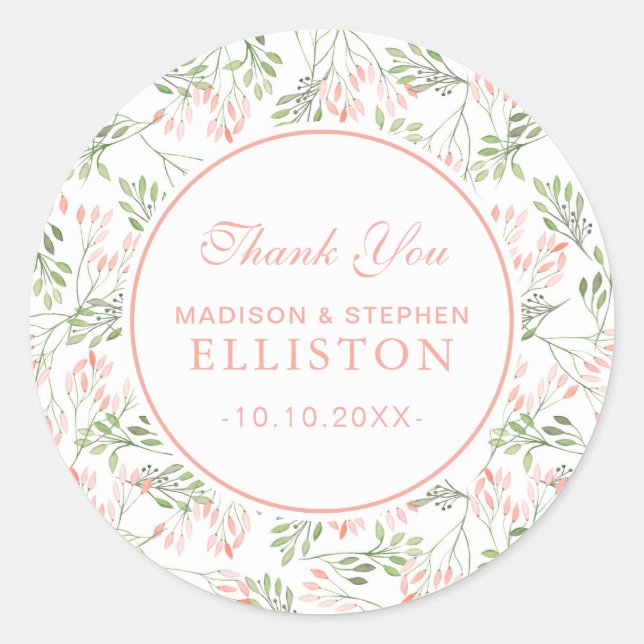 Sticker Rond Aquarelle botanique verte et rose | MERCI (Devant)