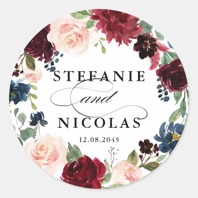 Sticker Rond Aquarelle Bourgogne et Mariage Floral bleu (Devant)
