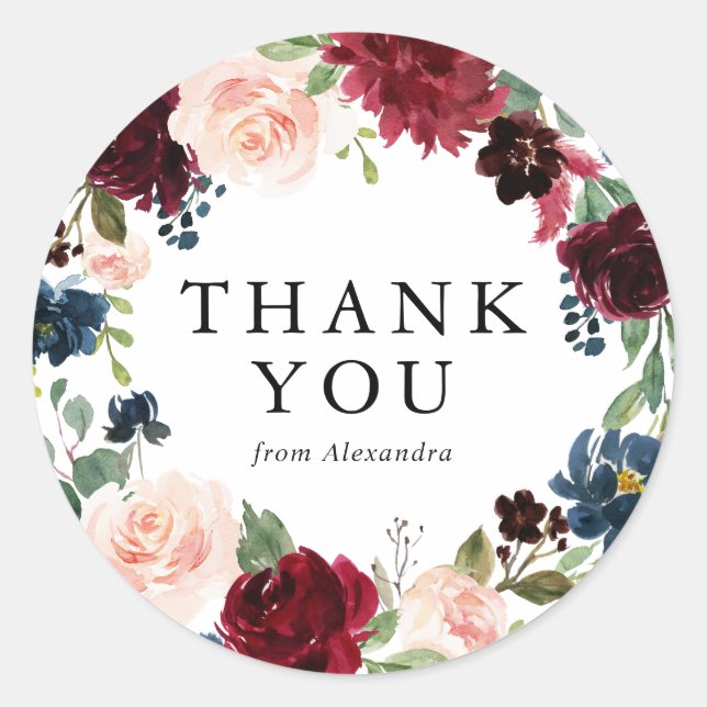 Sticker Rond Aquarelle Bourgogne et Merci Floral bleu (Devant)