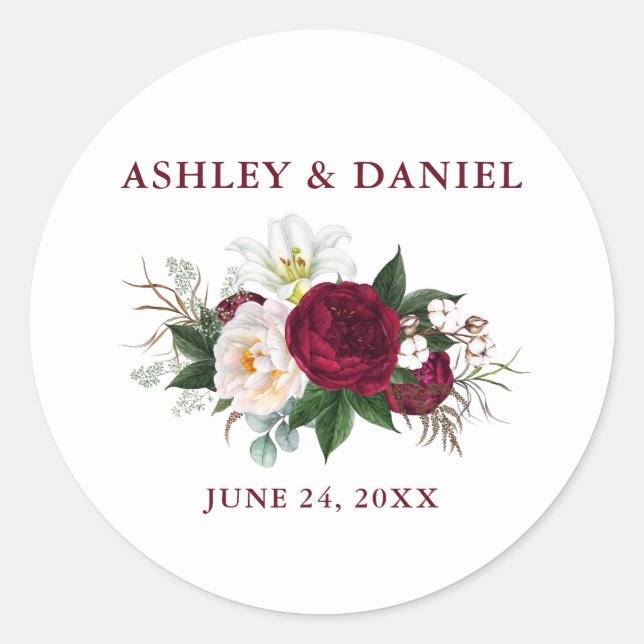 Sticker Rond Aquarelle Bourgogne Floral Mariage (Devant)