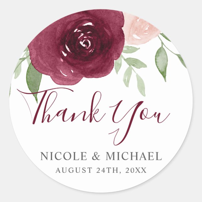 Sticker Rond Aquarelle Bourgogne Floral Wedding Favor Merci (Devant)