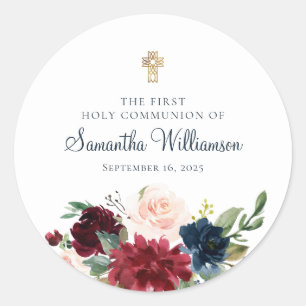 Sticker Rond Aquarelle Bourgogne Florale Première Communion Sai