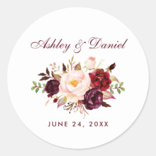 Sticker Rond Aquarelle Bourgogne Mariage Floral