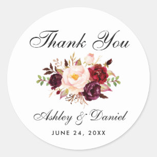 Sticker Rond Aquarelle Bourgogne Mariage Floral Merci
