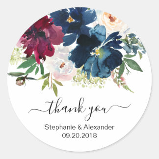 Sticker Rond Aquarelle Bourgogne Marine Fleurs Mariage Merci