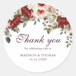 Sticker Rond Aquarelle Bourgogne Rouge Floral Mariage Merci