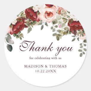 Sticker Rond Aquarelle Bourgogne Rouge Floral Mariage Merci