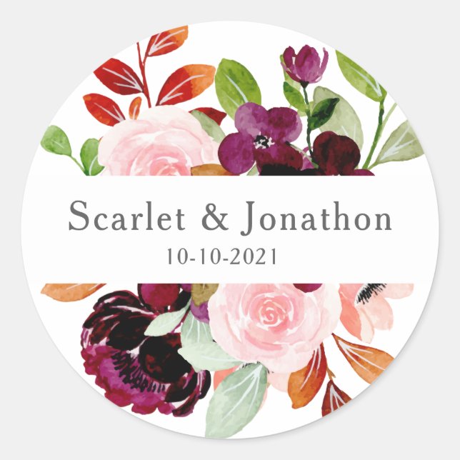 Sticker Rond Aquarelle Bourgogne rousse Automne Mariage Floral (Devant)