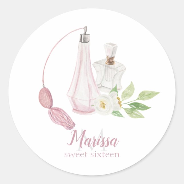 Sticker Rond Aquarelle Bouteille de Parfum Quinceanera Annivers (Devant)