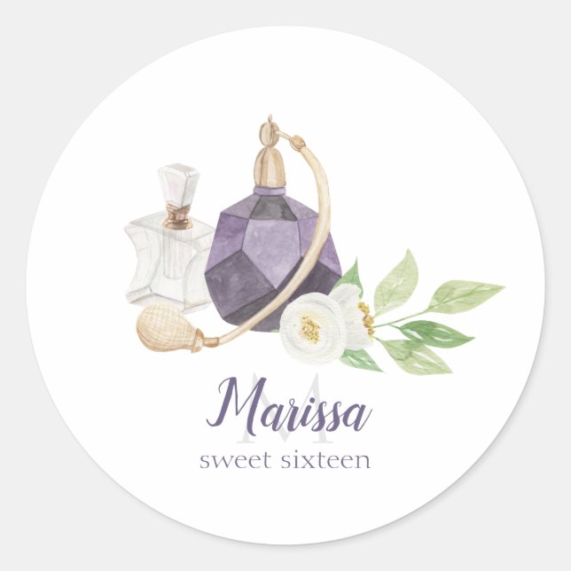 Sticker Rond Aquarelle Bouteille de Parfum Quinceanera Annivers (Devant)