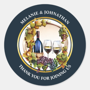 Sticker Rond Aquarelle bouteilles de vin raisins bleu or blanc