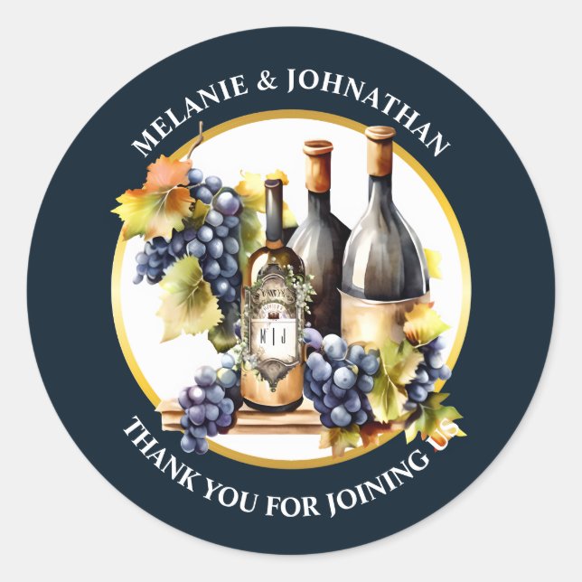 Sticker Rond Aquarelle bouteilles de vin raisins monogramme pay (Devant)