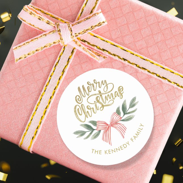 Sticker Rond Aquarelle Bow Script or Joyeux Noël (Créateur téléchargé)