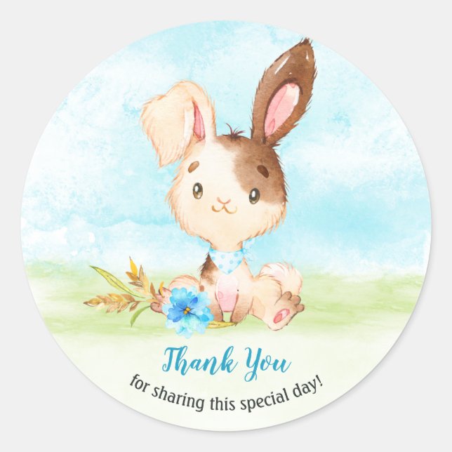 Sticker Rond Aquarelle Boy Bunny Baby shower ferme Merci (Devant)