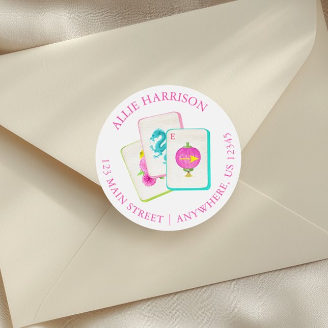 Sticker Rond Aquarelle Bright Mahjong Titres Adresse de retour (Créateur téléchargé)